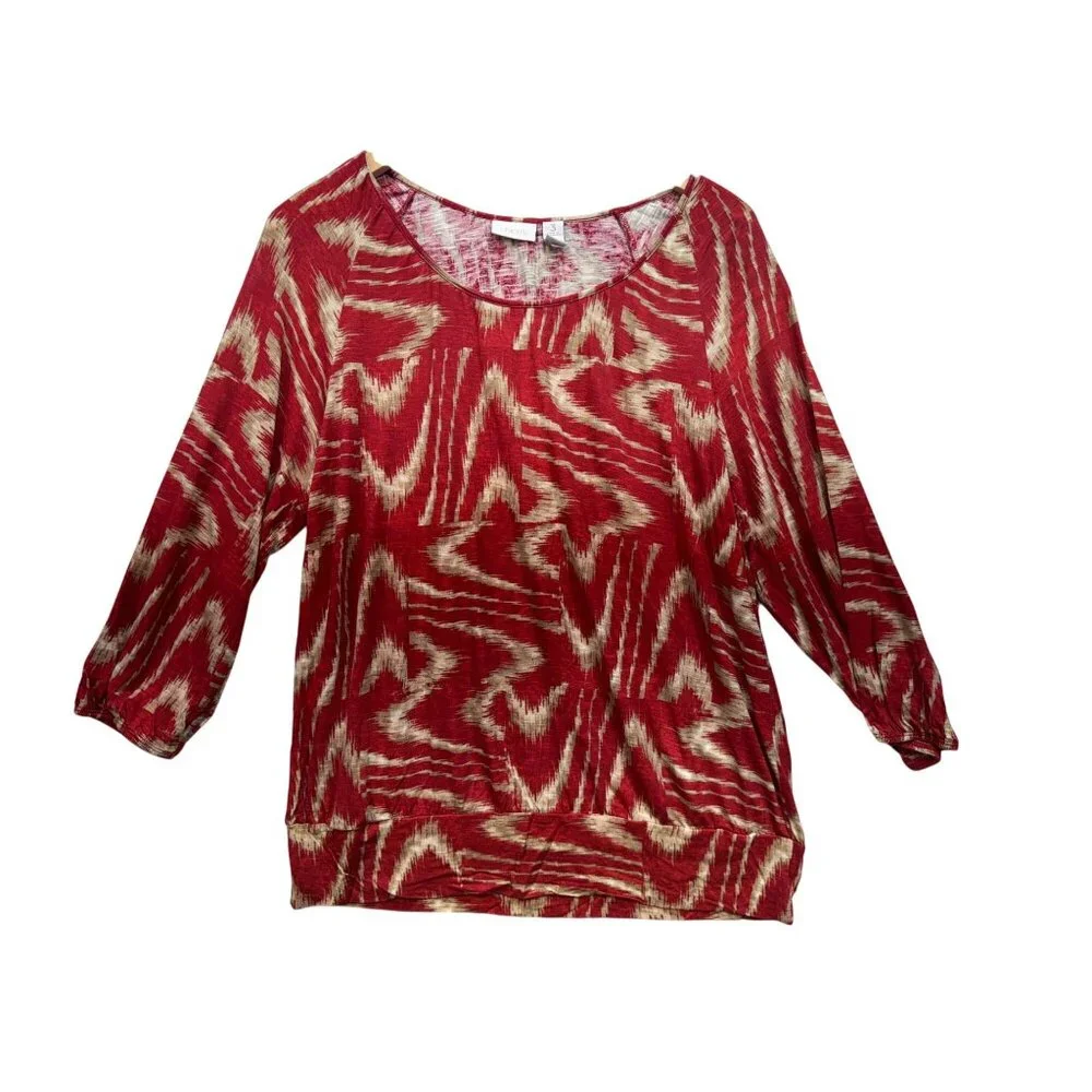 Chicos Womens Knitted Blouse Size 3 Red Abstract 3/4 Sleeve Retro Pullover Y2K - Picture 1 of 12